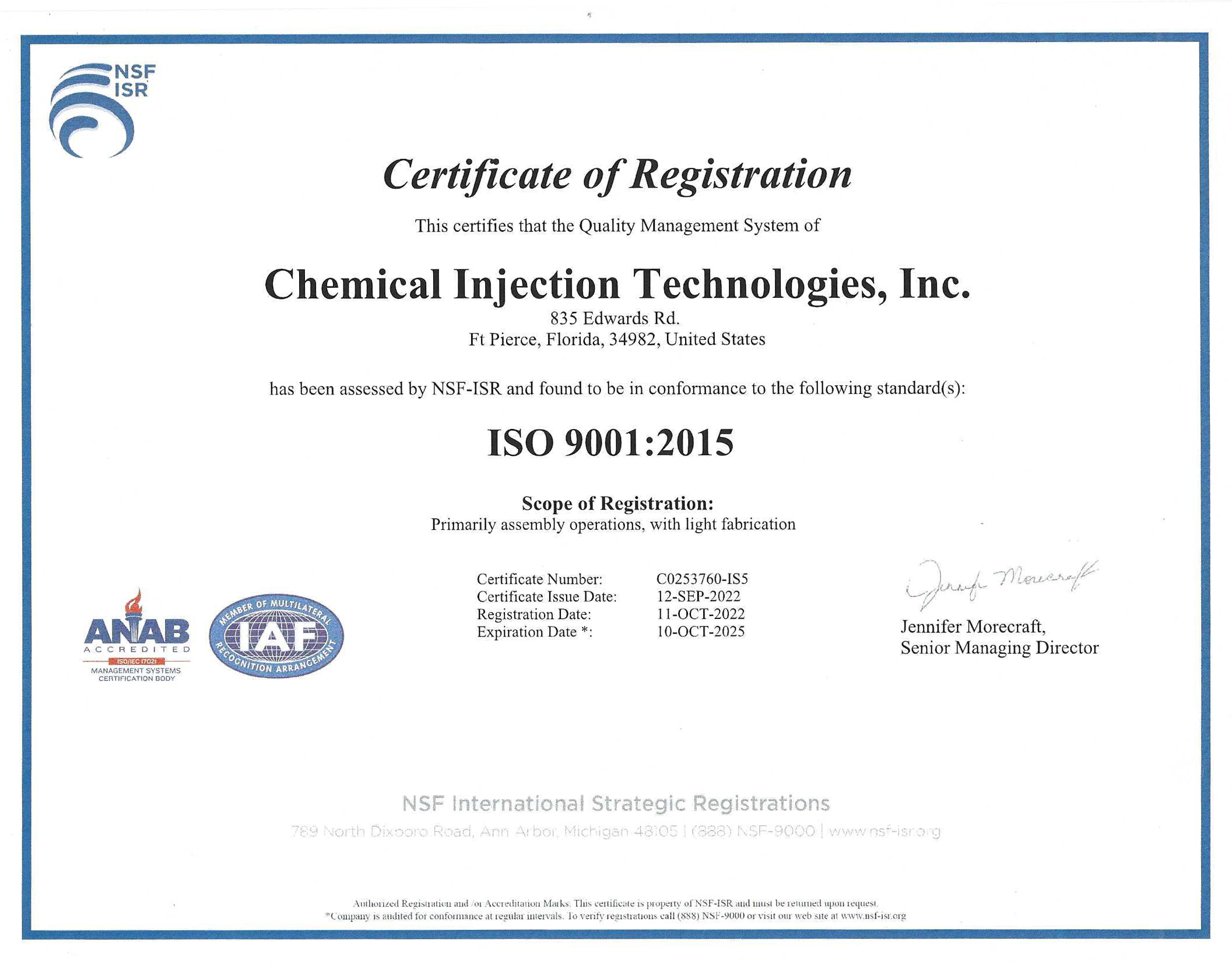 Chemical Injection Technologies Inc ISO Certified
